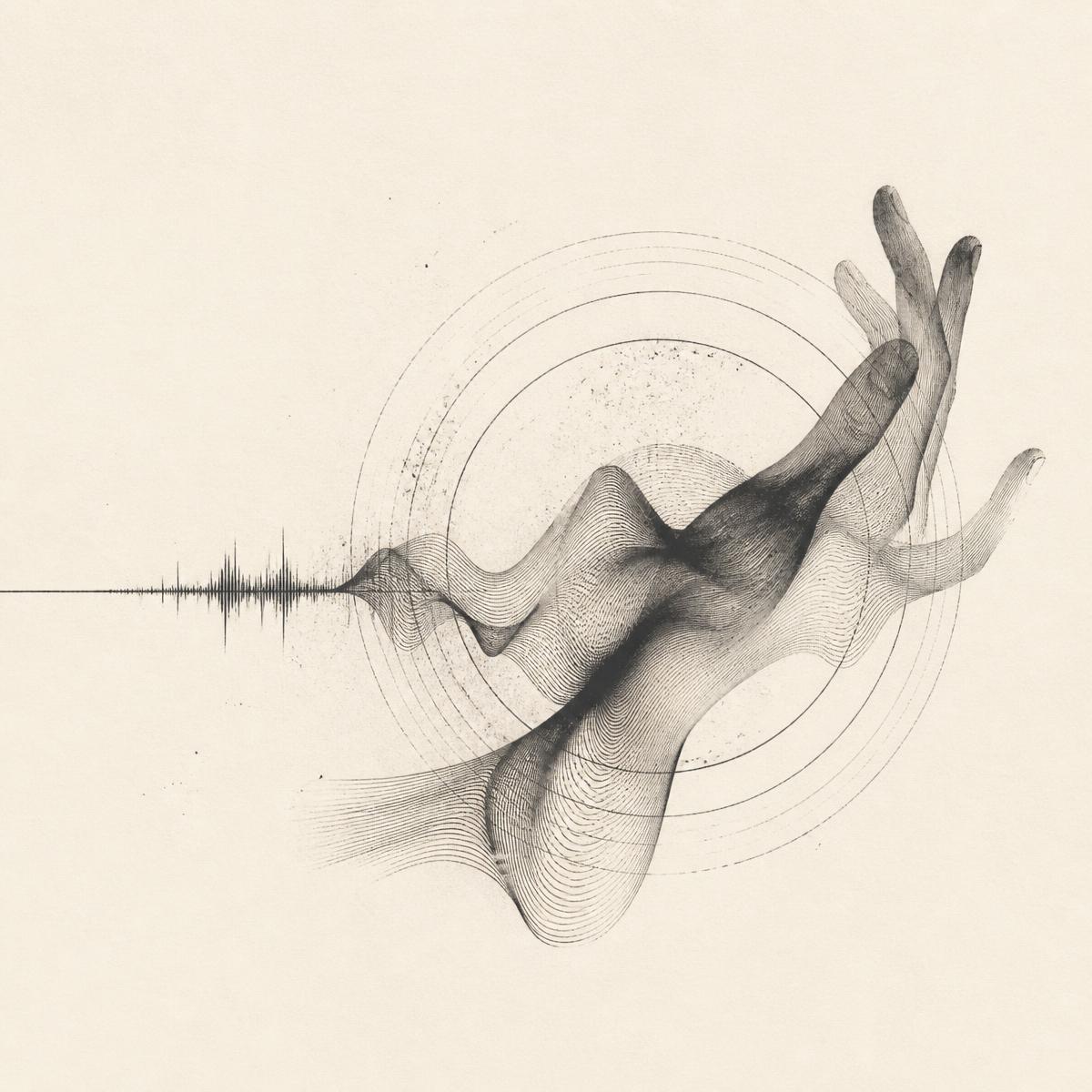 Abstract ink drawing of a hand dissolving into a hand-drawn sound waveform